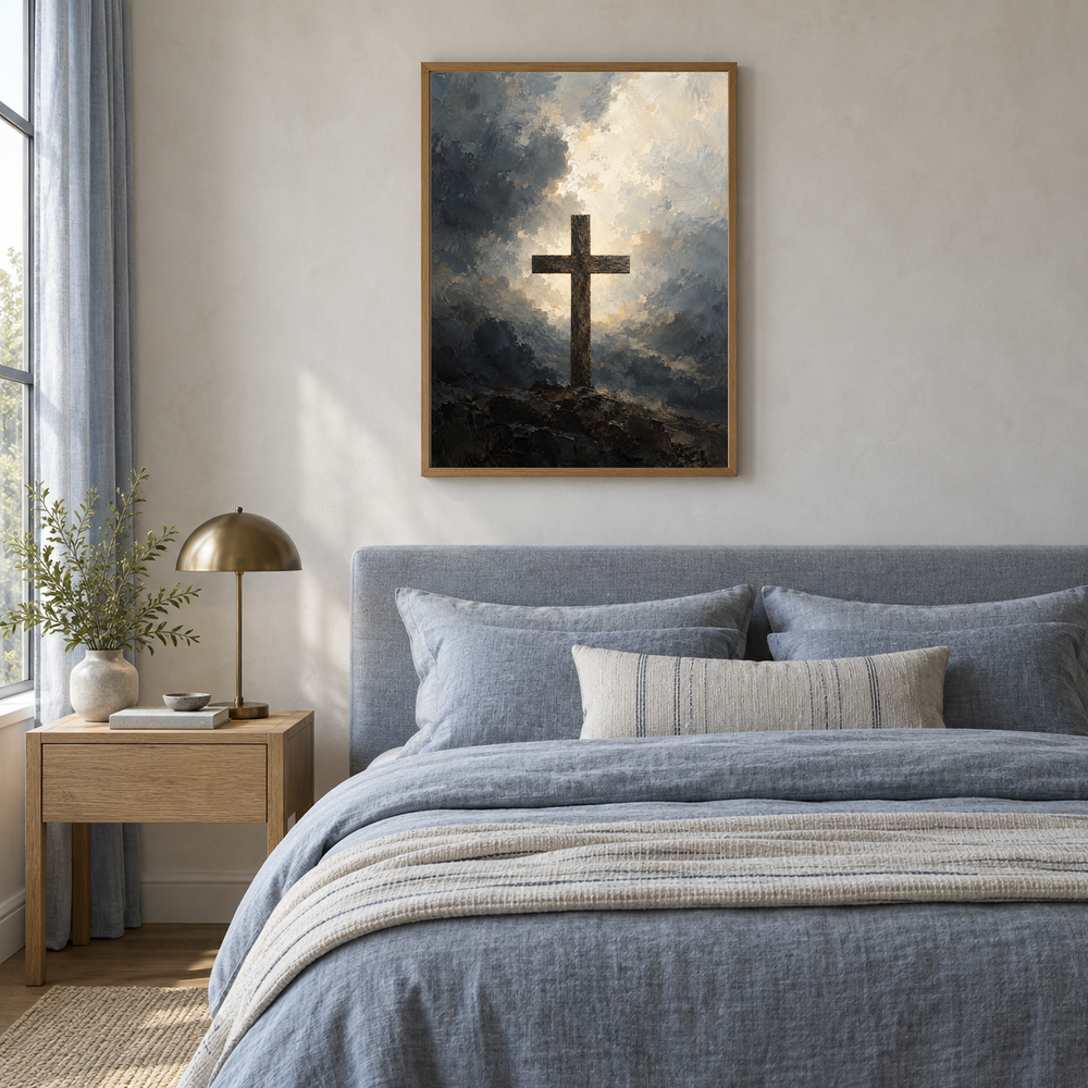 Cross oil painting displayed in a blue linen bedroom