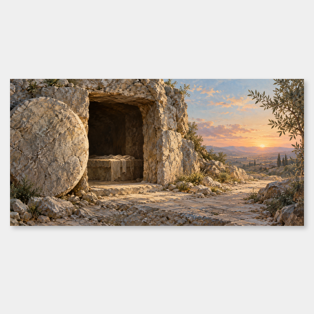 Empty Tomb at Dawn – Resurrection Oil Painting on a neutral gray background