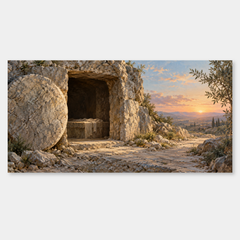 Empty Tomb at Dawn – Resurrection Oil Painting on a neutral gray background