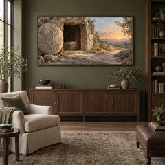 Empty Tomb at Dawn oil painting displayed in a olive home library