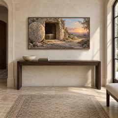 Empty Tomb at Dawn oil painting displayed in a limestone entry gallery