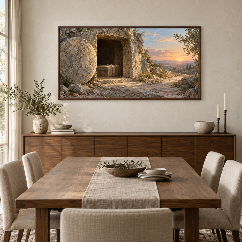 Empty Tomb at Dawn oil painting displayed in a walnut dining room
