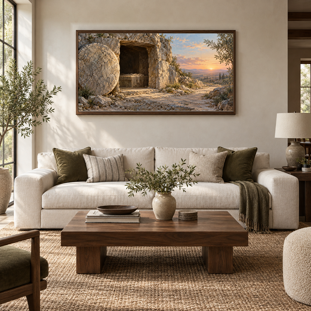 Empty Tomb at Dawn oil painting displayed in a ivory and walnut living room