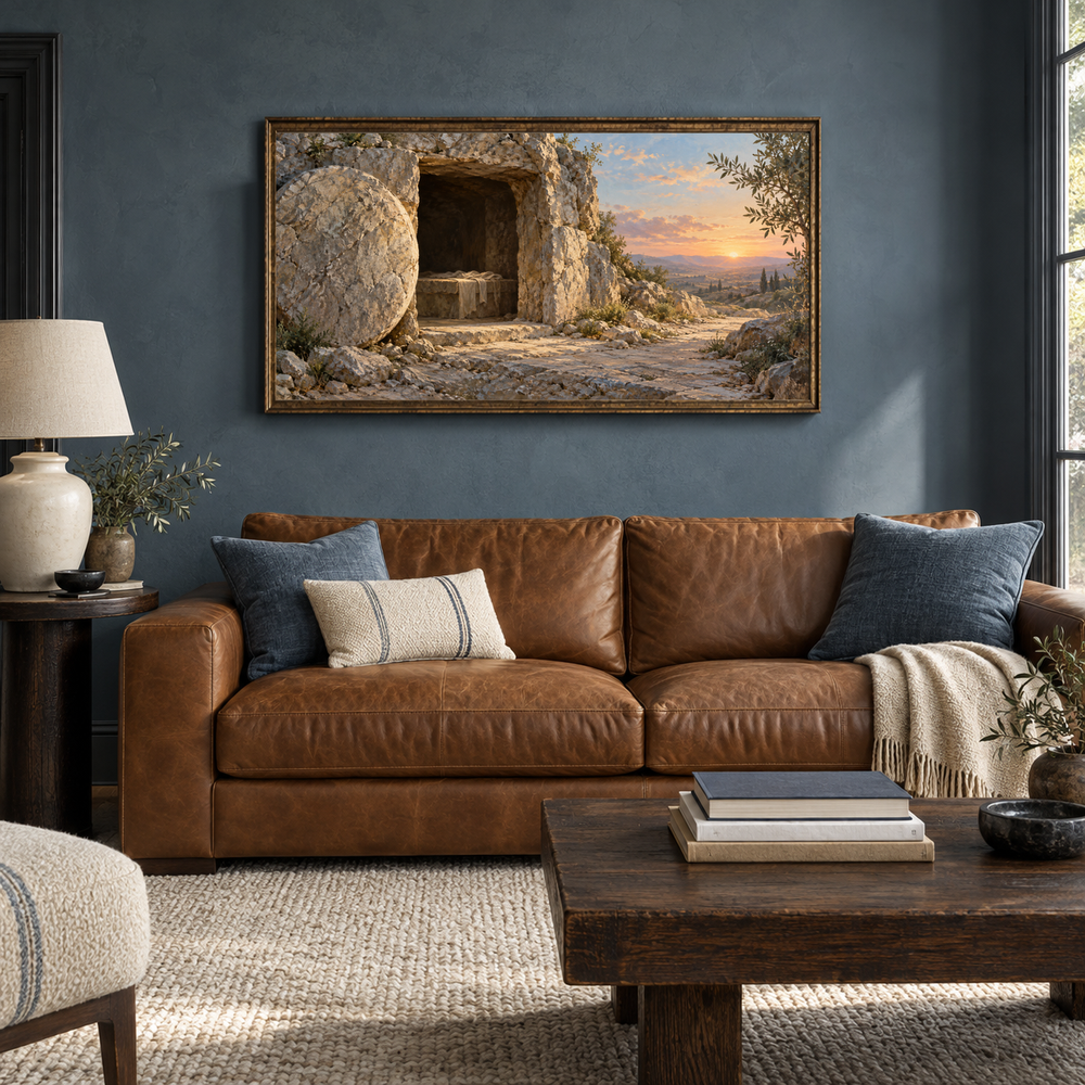 Empty Tomb at Dawn oil painting displayed in a blue-gray den with a caramel sofa