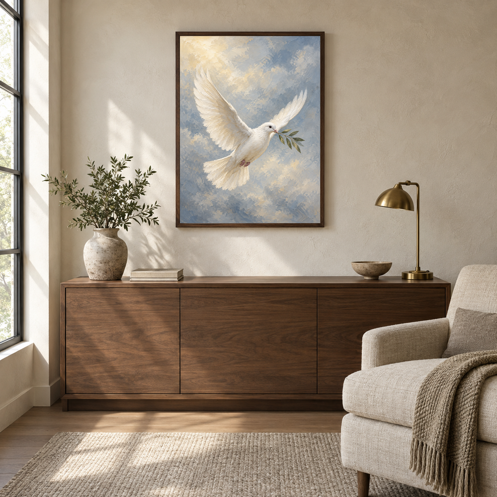 Dove of Peace oil painting displayed in a quiet reading and prayer corner