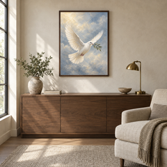 Dove of Peace oil painting displayed in a quiet reading and prayer corner