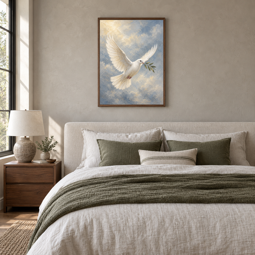 Dove of Peace oil painting displayed in a neutral bedroom