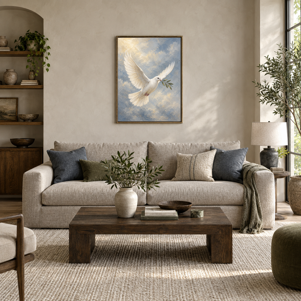 Dove of Peace oil painting displayed in a modern living room