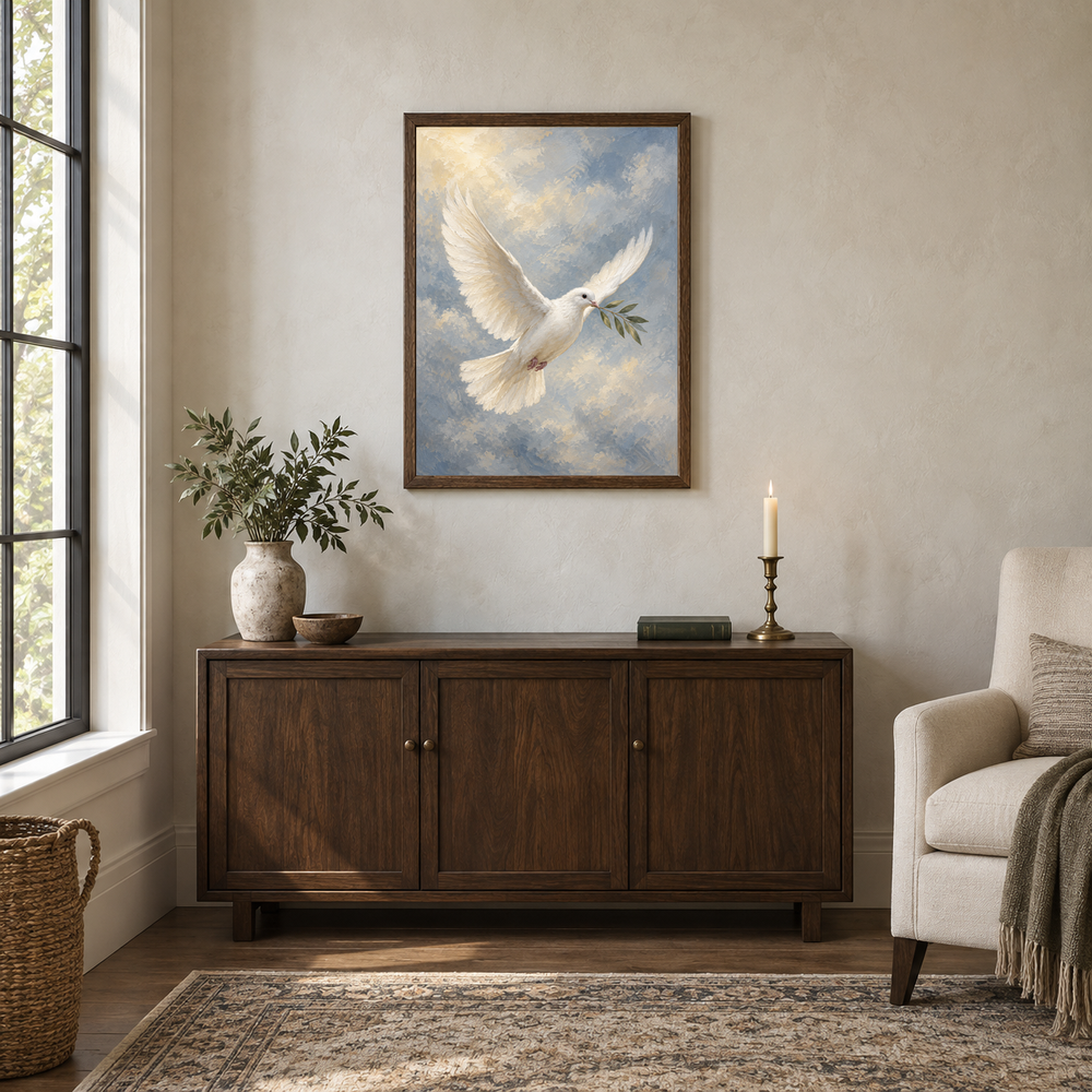 Dove of Peace oil painting displayed in a walnut prayer and reading alcove