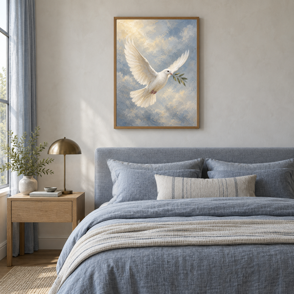 Dove of Peace oil painting displayed in a blue linen bedroom