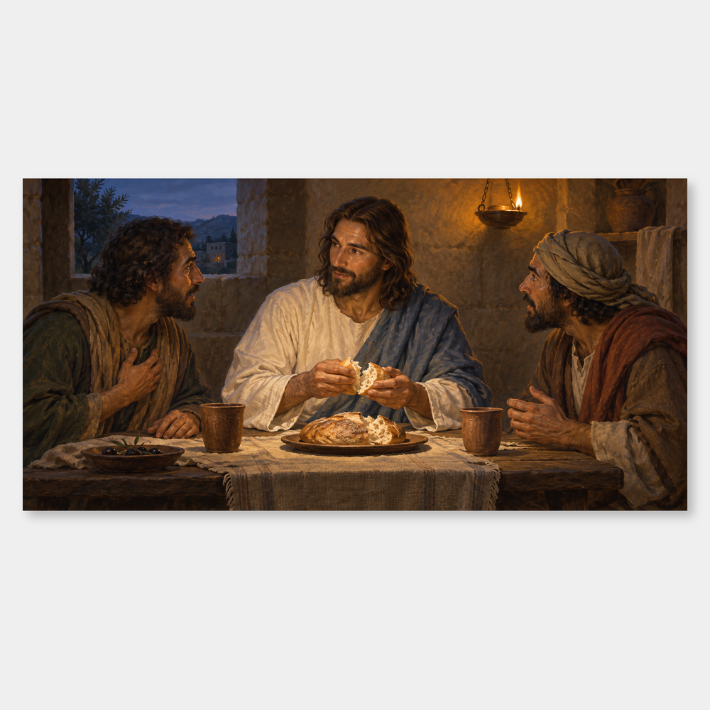 Recognized at Emmaus oil painting on a neutral gray background