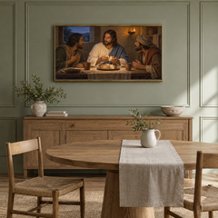 Recognized at Emmaus oil painting displayed in a sage dining alcove