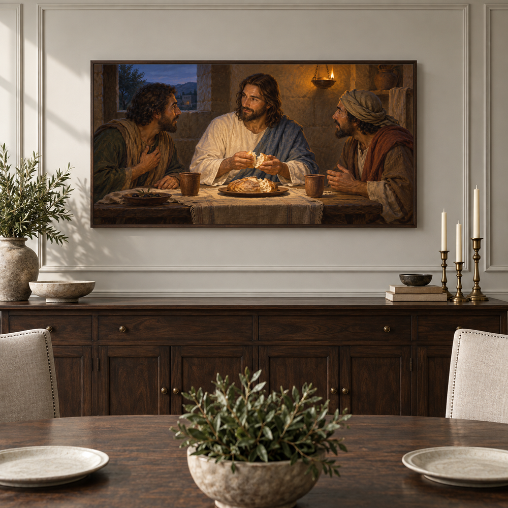 Recognized at Emmaus oil painting displayed in a classic dining room