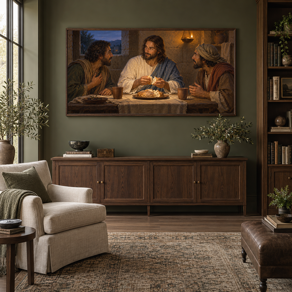 Recognized at Emmaus oil painting displayed in a olive home library