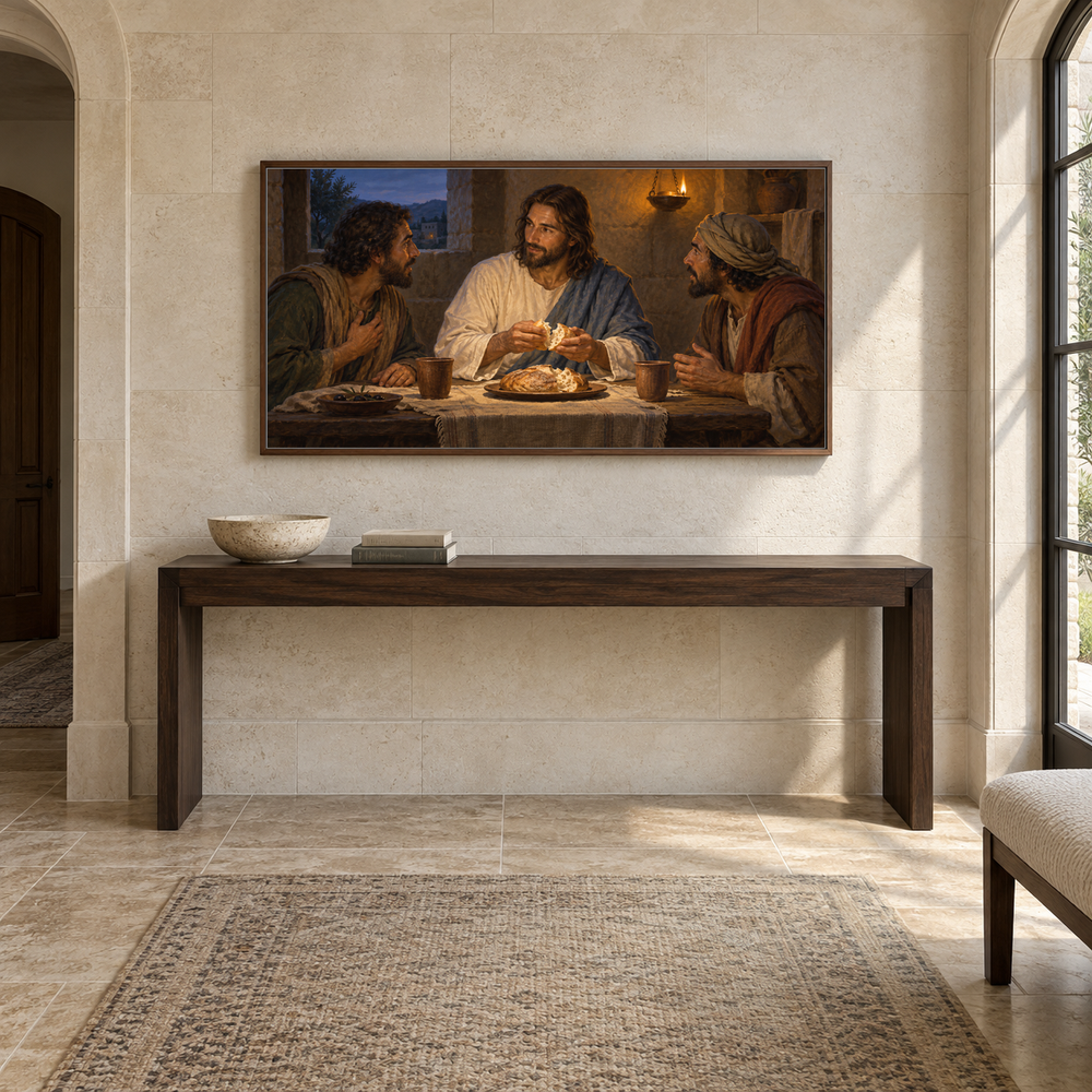 Recognized at Emmaus oil painting displayed in a limestone entry gallery