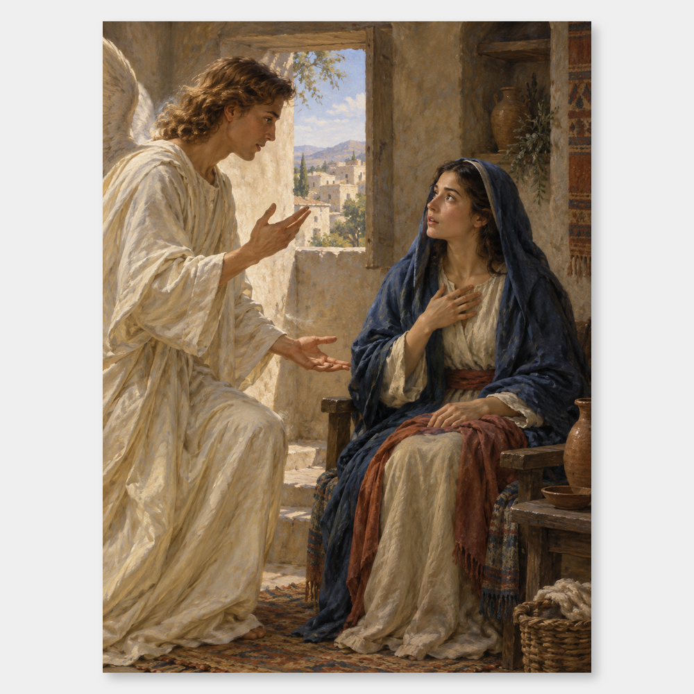Gabriel and Mary meet in a modest interior drawn from Luke 1:26–38.