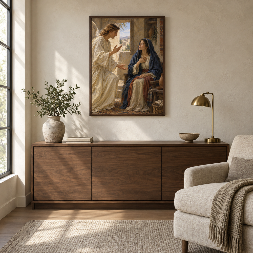 The Annunciation oil painting displayed in a quiet reading and prayer corner