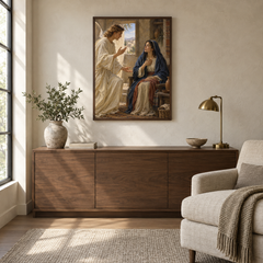 The Annunciation oil painting displayed in a quiet reading and prayer corner