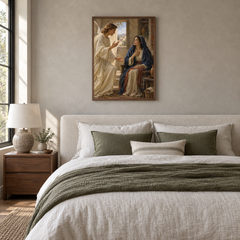 The Annunciation oil painting displayed in a neutral bedroom