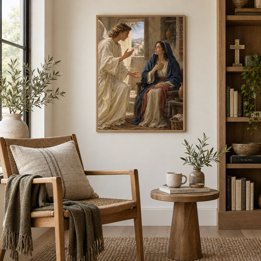 The Annunciation oil painting displayed in a new Christian prayer reading nook