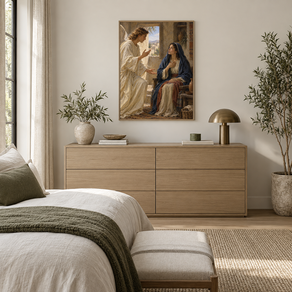The Annunciation oil painting displayed in a new Christian neutral bedroom