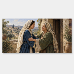Mary and Elizabeth greet one another in an imagined village setting.