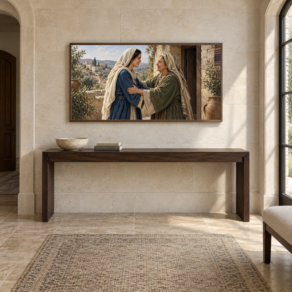 The Visitation oil painting displayed in a limestone entry gallery