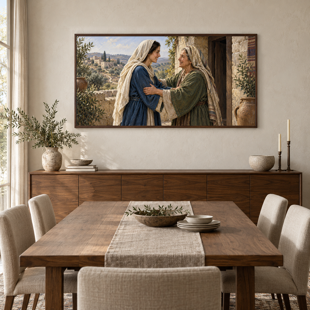 The Visitation oil painting displayed in a walnut dining room
