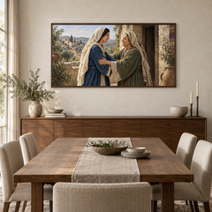 The Visitation oil painting displayed in a walnut dining room