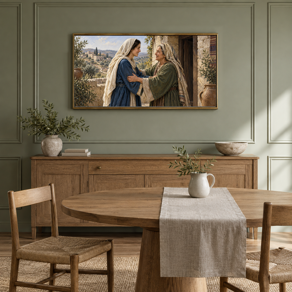 The Visitation oil painting displayed in a sage dining alcove