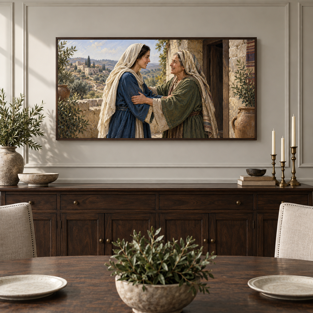 The Visitation oil painting displayed in a classic dining room