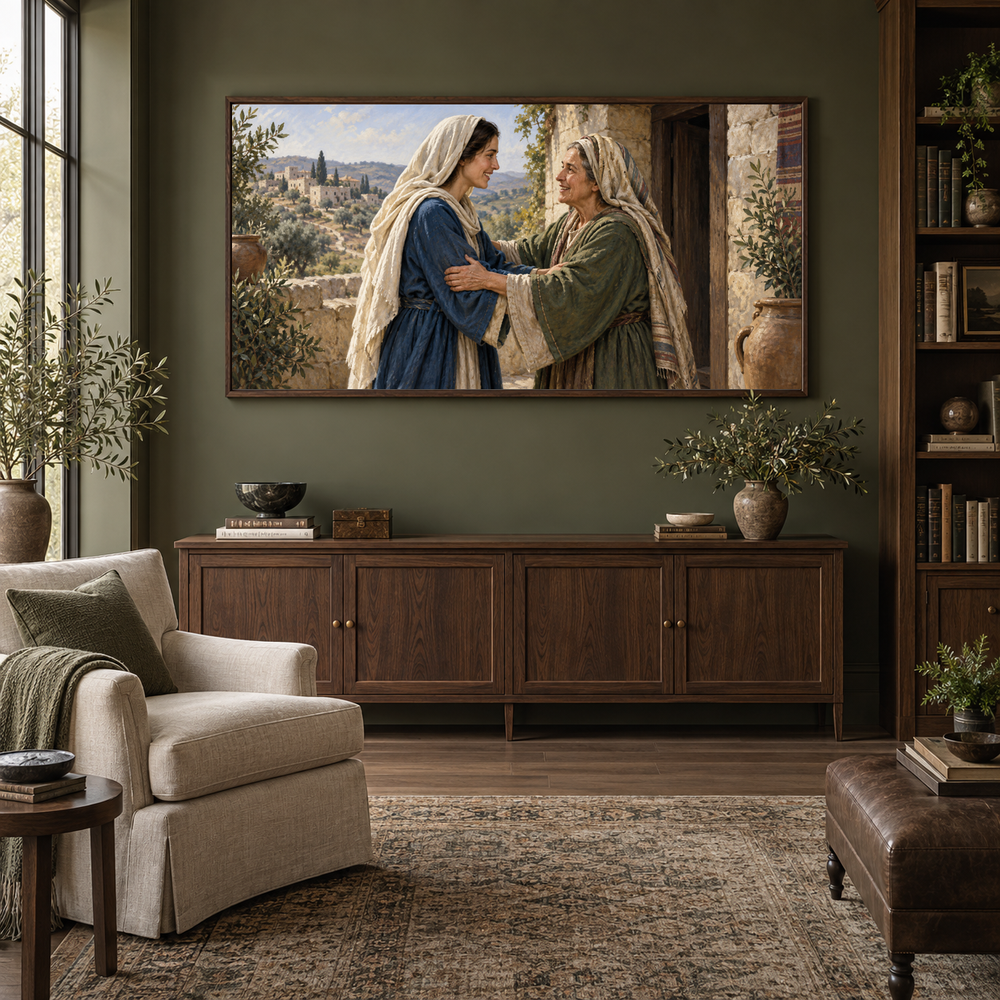The Visitation oil painting displayed in a olive home library