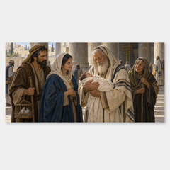 Simeon receives the infant Jesus as Anna and the family gather nearby.