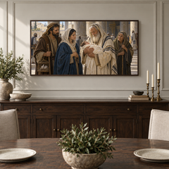 Simeon and Anna at the Temple oil painting displayed in a classic dining room