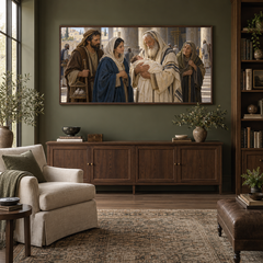 Simeon and Anna at the Temple oil painting displayed in a olive home library