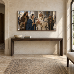 Simeon and Anna at the Temple oil painting displayed in a limestone entry gallery