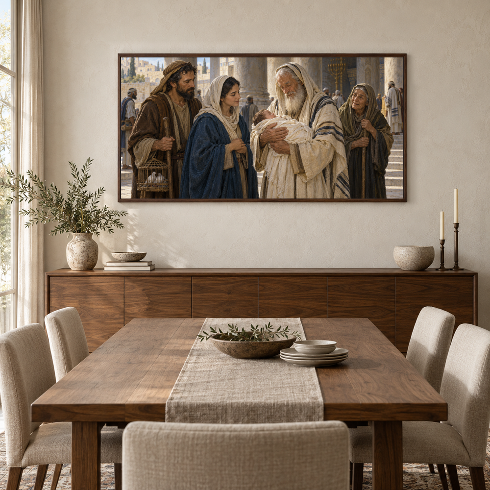 Simeon and Anna at the Temple oil painting displayed in a walnut dining room