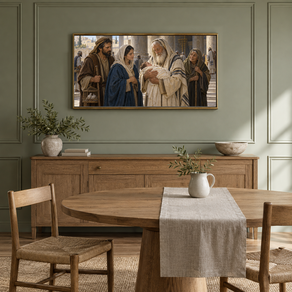Simeon and Anna at the Temple oil painting displayed in a sage dining alcove