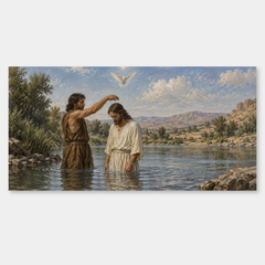 Jesus is baptized by John at the Jordan, with the dove motif from Mark 1.