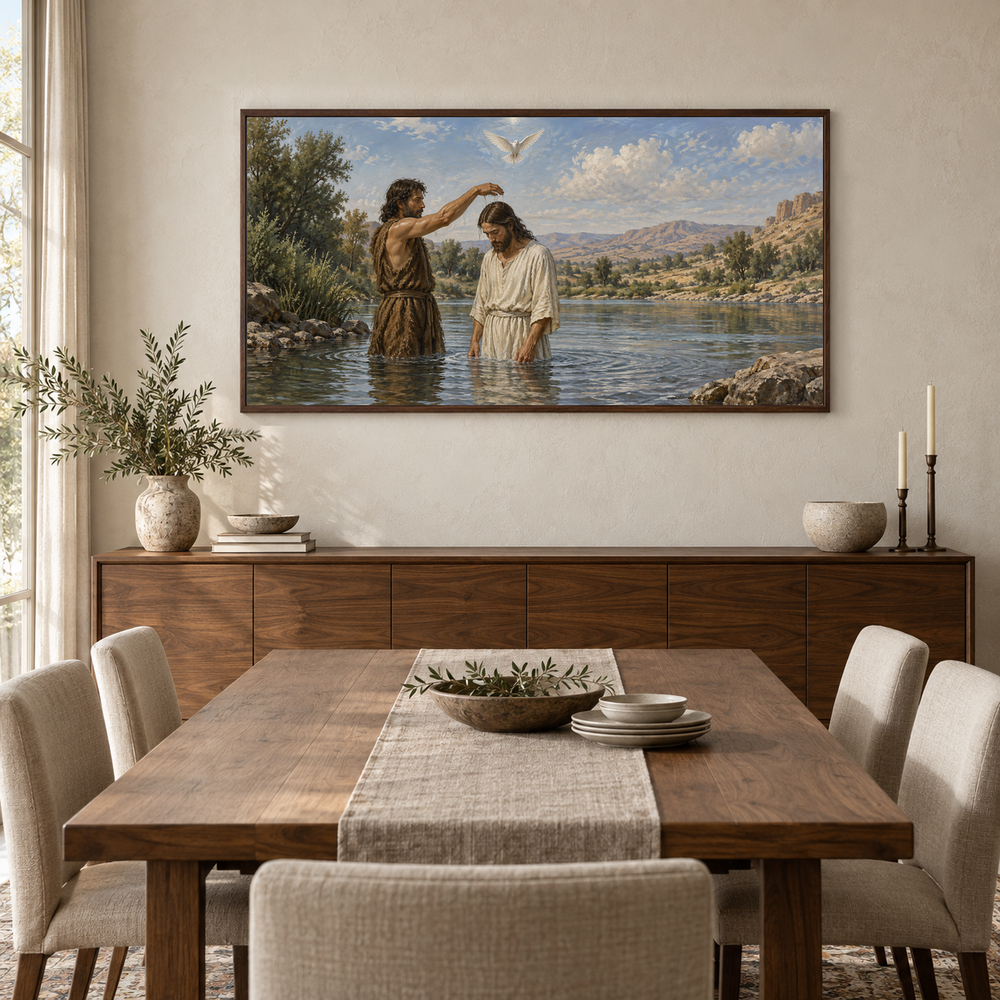 The Baptism of Jesus oil painting displayed in a walnut dining room