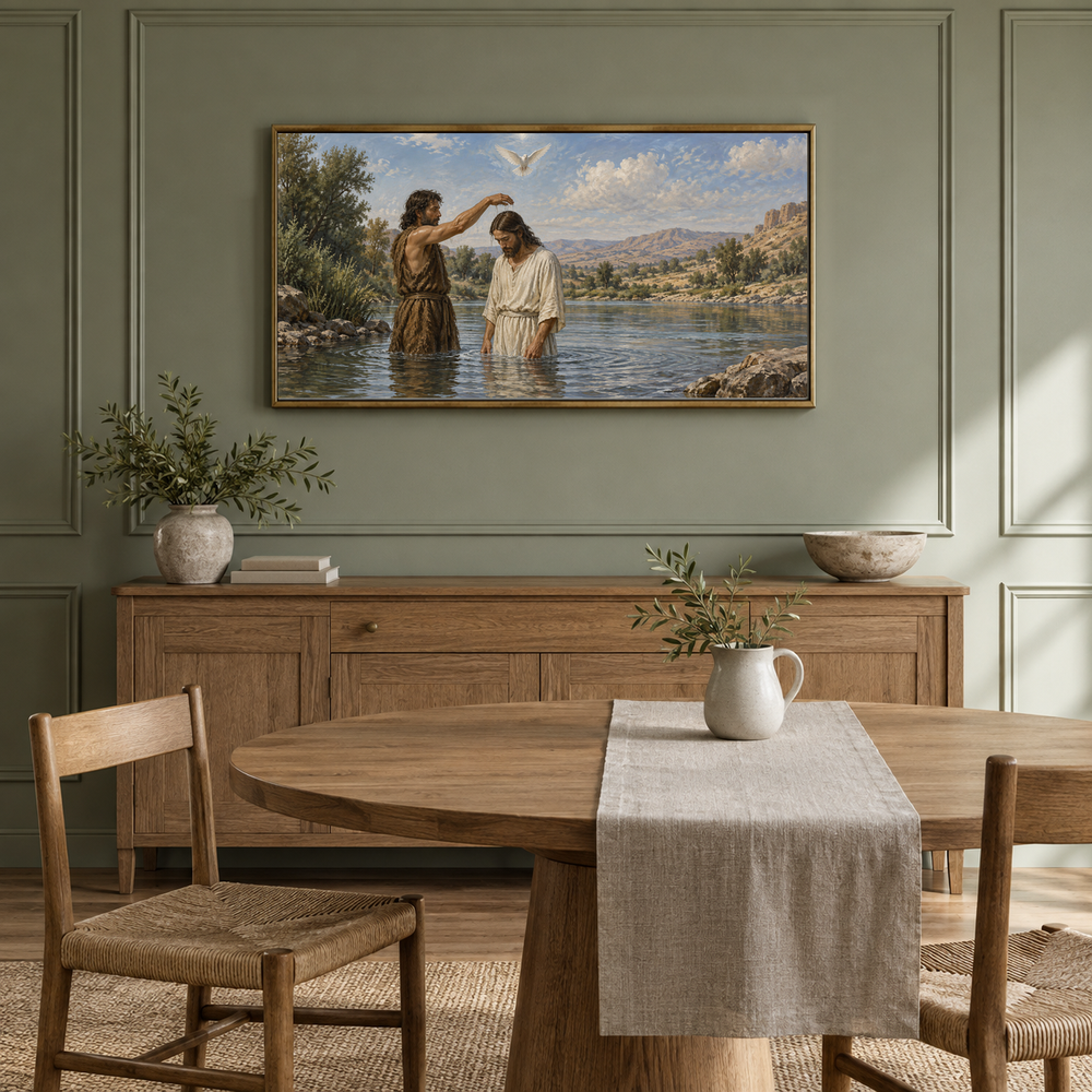 The Baptism of Jesus oil painting displayed in a sage dining alcove