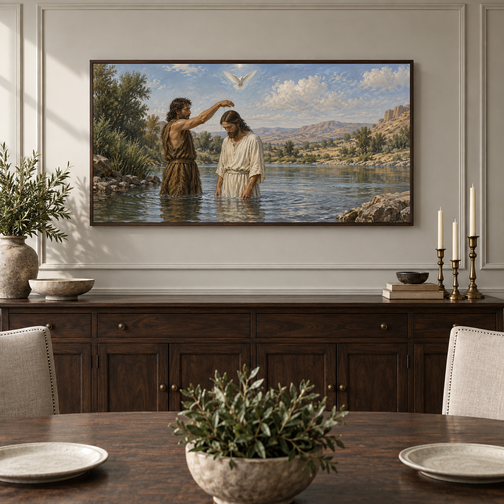 The Baptism of Jesus oil painting displayed in a classic dining room
