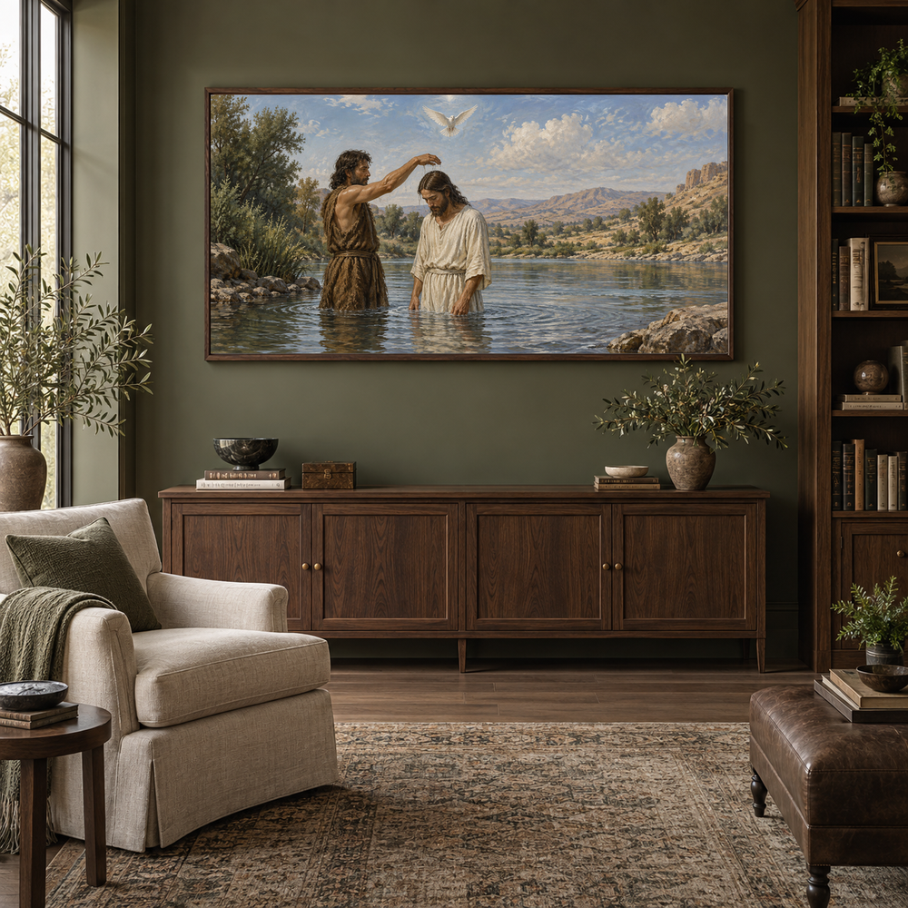 The Baptism of Jesus oil painting displayed in a olive home library