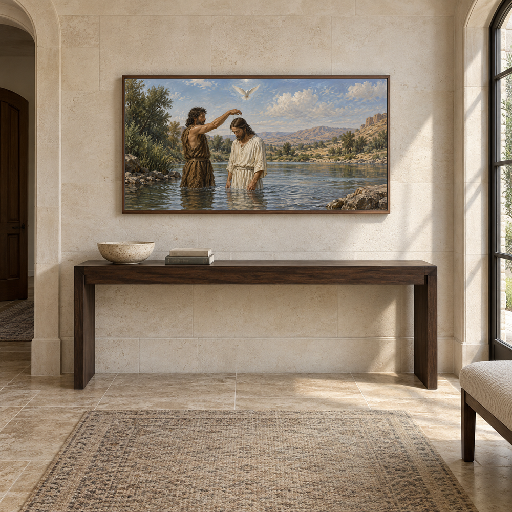 The Baptism of Jesus oil painting displayed in a limestone entry gallery