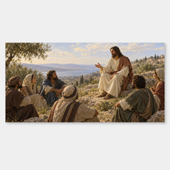 Jesus teaches a gathered group on a mountainside, inspired by Matthew 5.