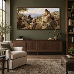 The Beatitudes on the Mount oil painting displayed in a olive home library