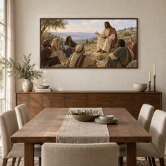 The Beatitudes on the Mount oil painting displayed in a walnut dining room