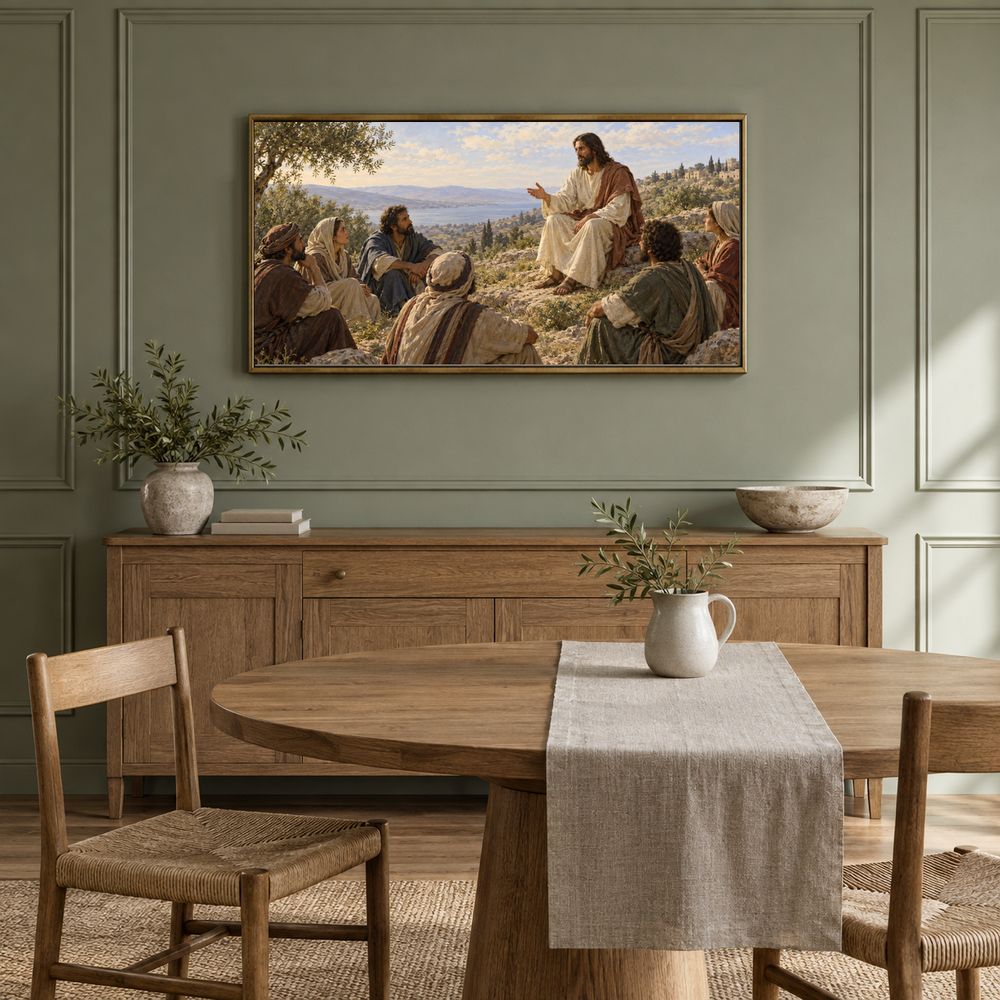 The Beatitudes on the Mount oil painting displayed in a sage dining alcove