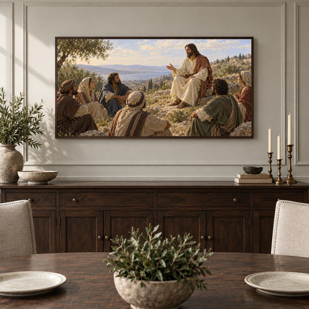 The Beatitudes on the Mount oil painting displayed in a classic dining room