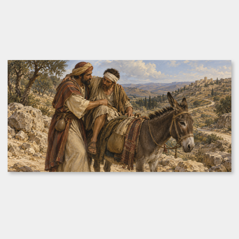 A Samaritan traveler tends the injured man in Jesus’ parable.